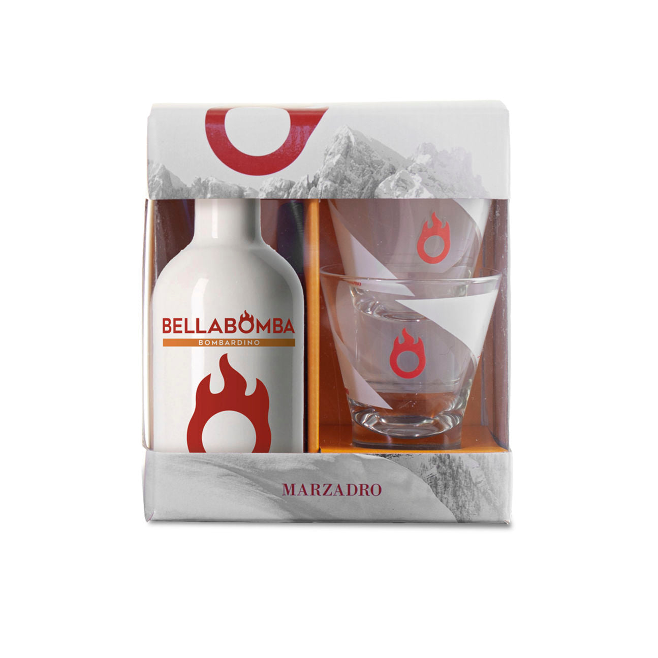 Marzadro Bellabomba Geschenkset: Cremiger Eierlikör mit zwei originalen Gläsern