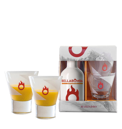 Marzadro Bellabomba Geschenkset: Cremiger Eierlikör mit zwei originalen Gläsern